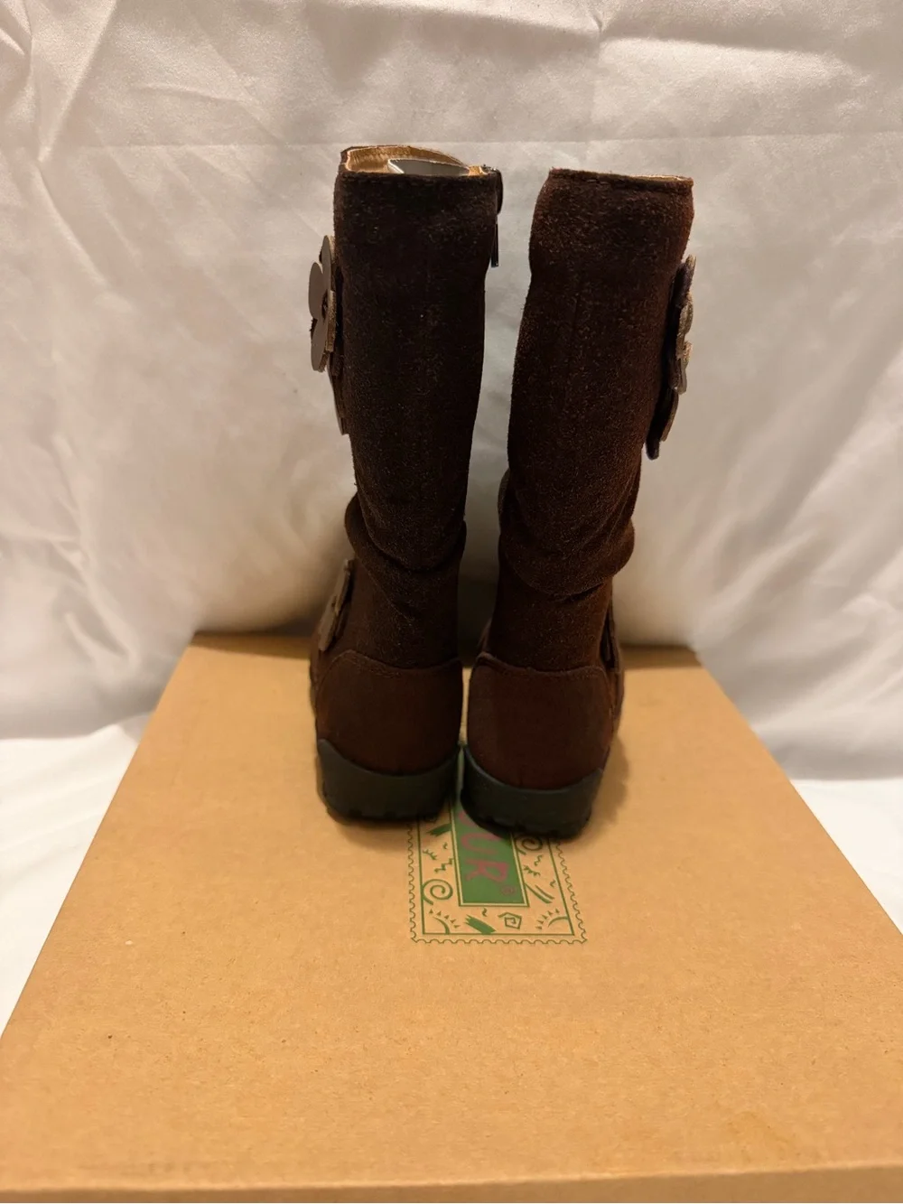 L'Amour Flower Boots Girls Size 7 Brown Tall Boots Side Zip Suede- NIB